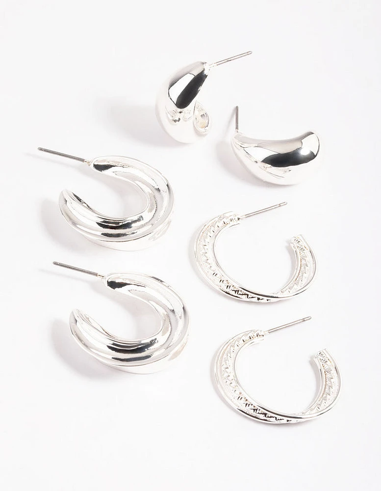 Silver Mixed Textured Thick Earrings Pack