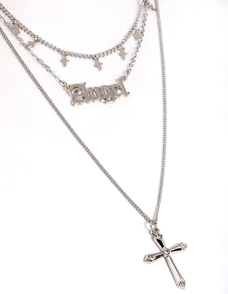 Rhodium Angel Star Three Row Necklace