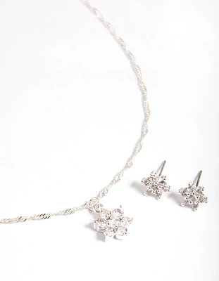 Silver Cubic Zirconia Twist Chain Star Earrings & Necklace Set