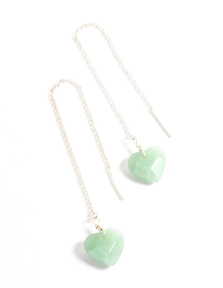 Silver Plated Green Aventurine Facet Heart Thread Earrings