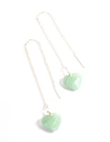 Silver Plated Green Aventurine Facet Heart Thread Earrings