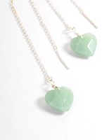 Silver Plated Green Aventurine Facet Heart Thread Earrings