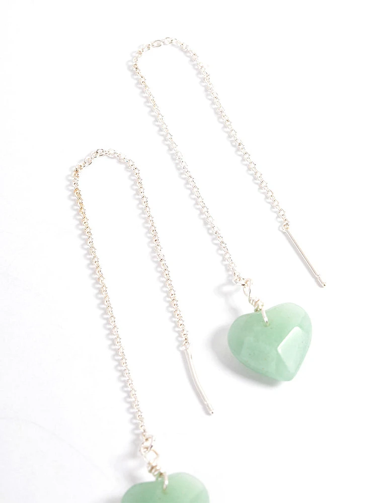 Silver Plated Green Aventurine Facet Heart Thread Earrings