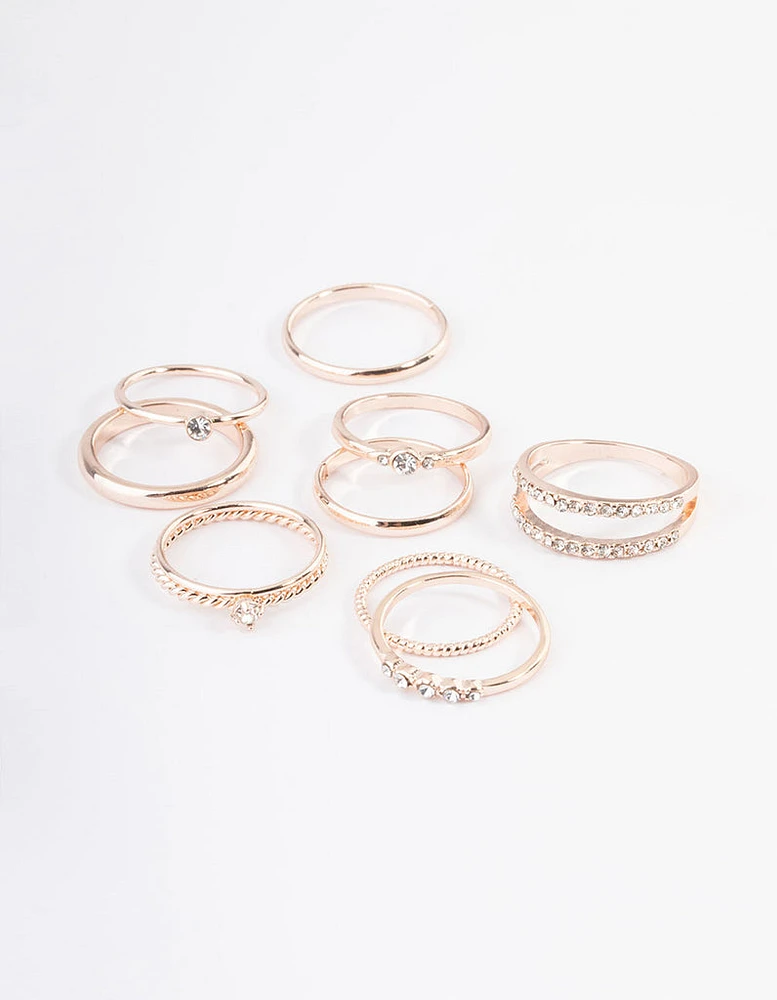 Rose Gold Mixed Diamante Band Ring Pack