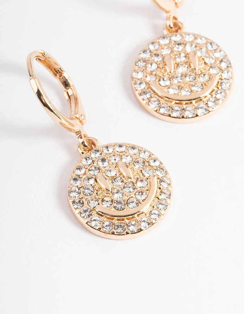 Gold Diamante Smiley Huggie Earrings