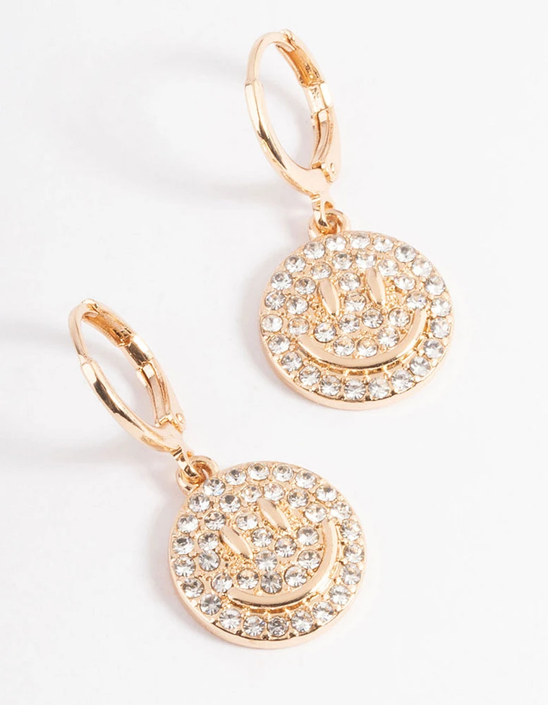 Gold Diamante Smiley Huggie Earrings