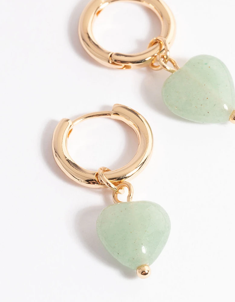 Gold Jade Semi-Precious Heart Huggie Earrings