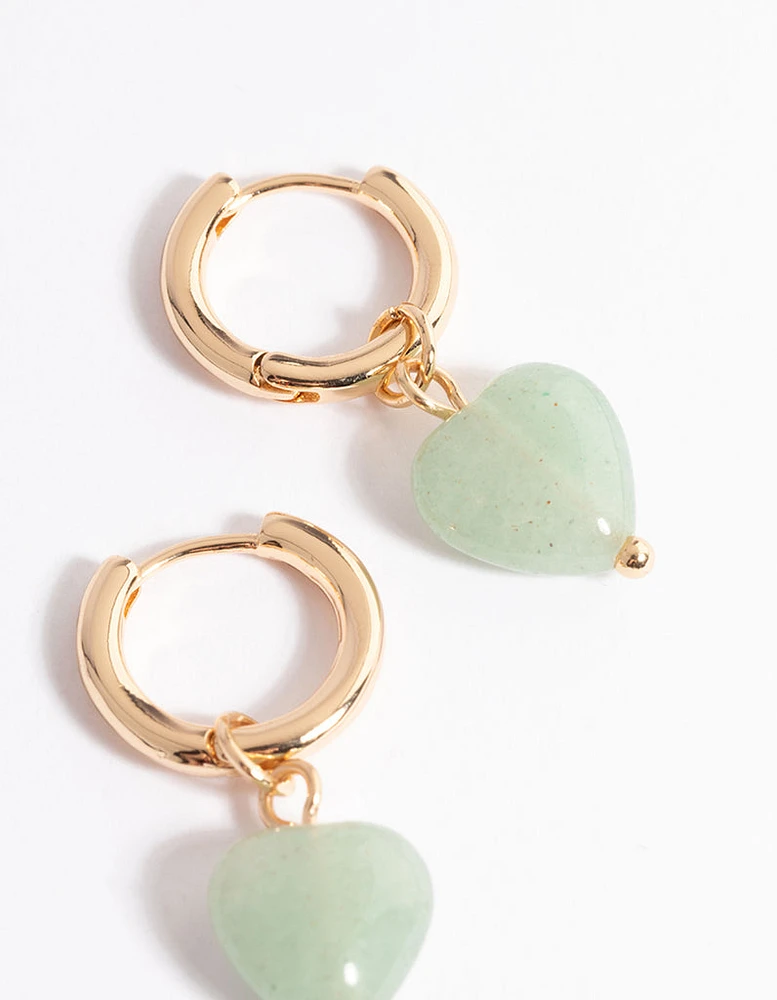 Gold Jade Semi-Precious Heart Huggie Earrings