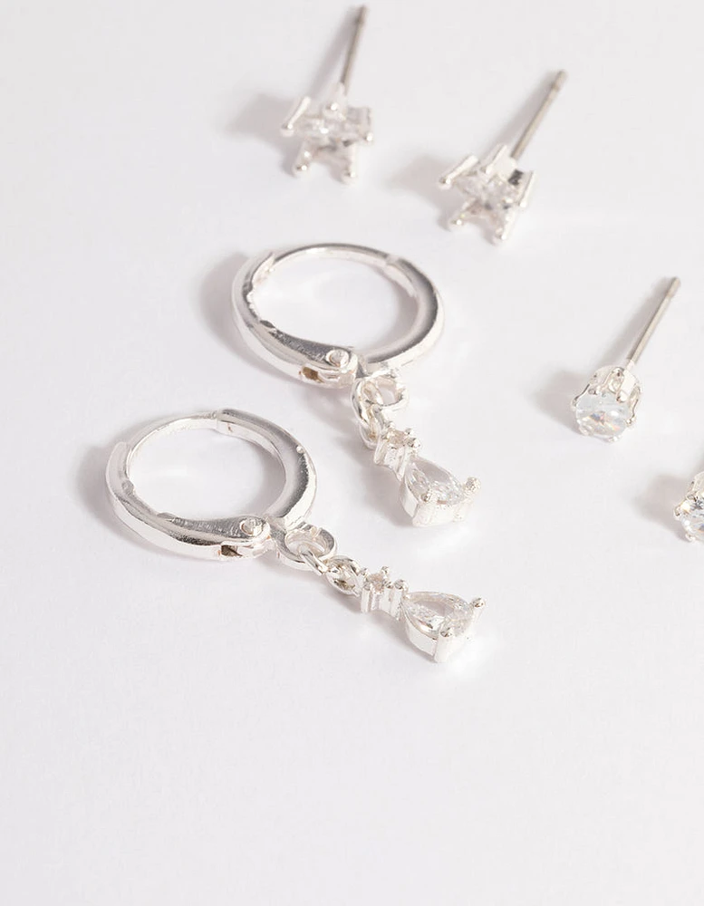 Silver Cubic Zirconia Star & Drop Earrings Pack