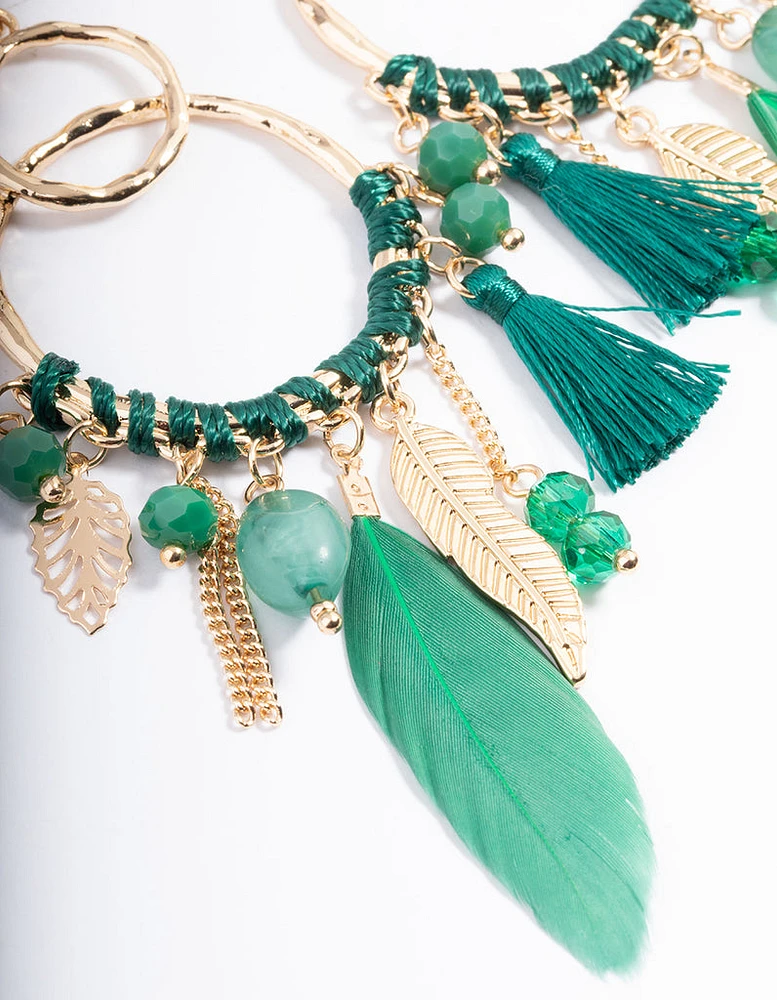 Gold Thread Bead Green Feather Earrings