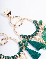 Gold Thread Bead Green Feather Earrings