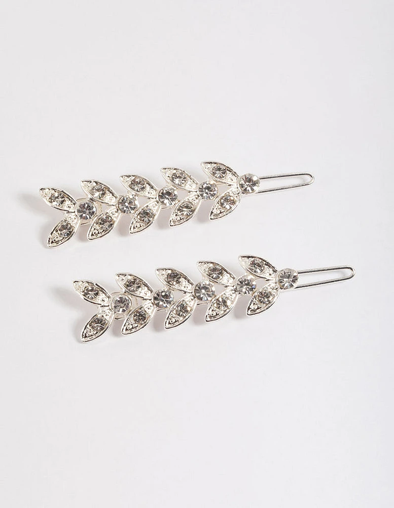 Silver Diamante Leaf Clips Pack