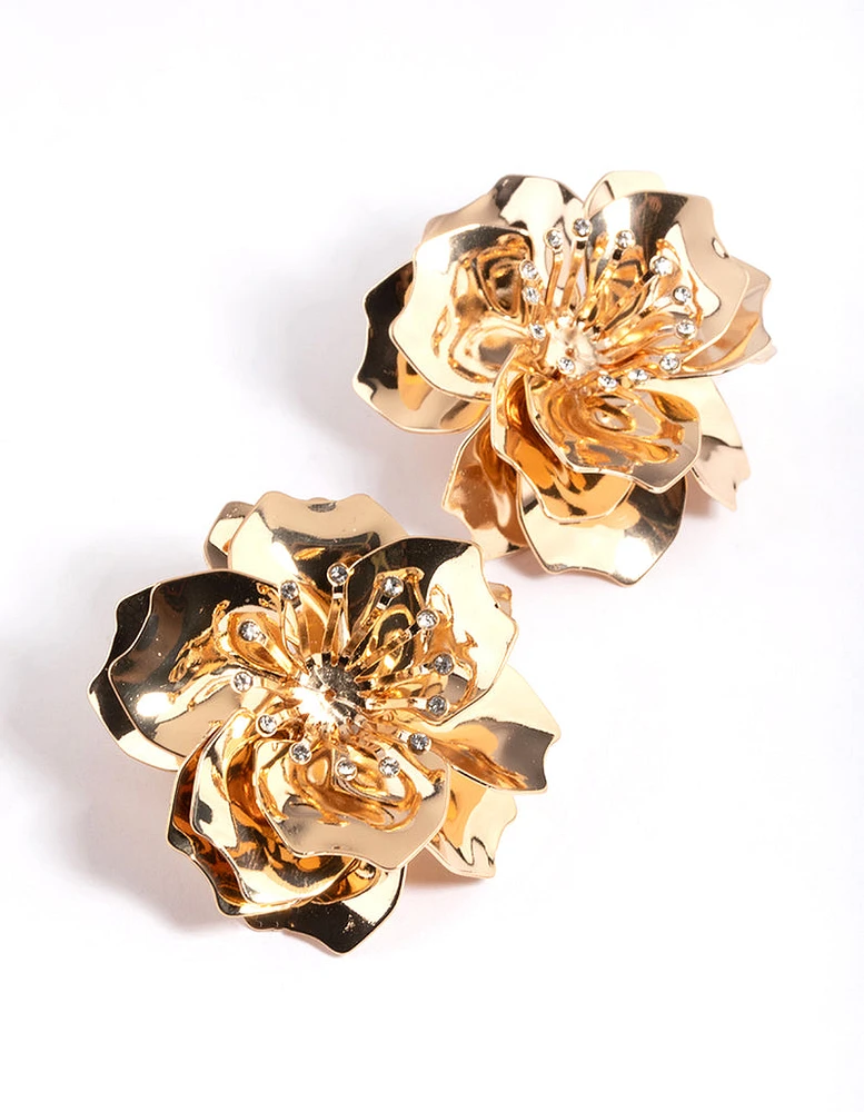 Gold Diamante Flower Stud Earrings