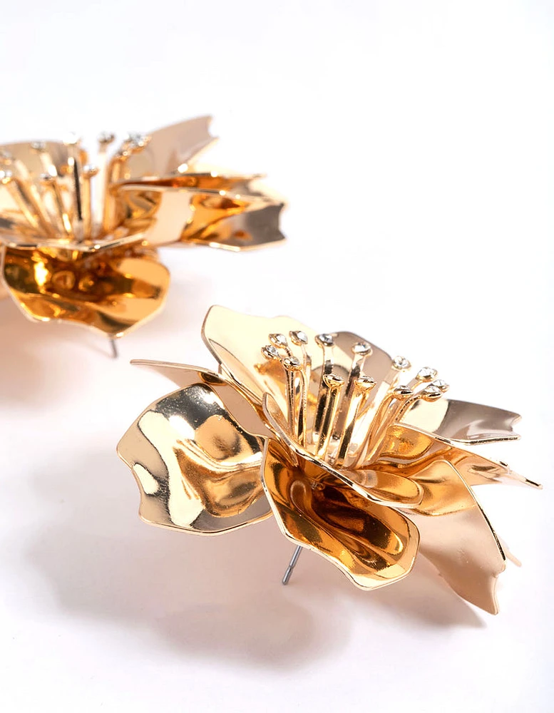 Gold Diamante Flower Stud Earrings