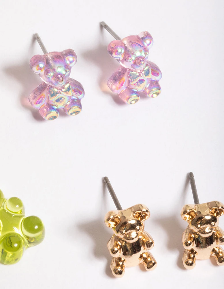 Mixed Lilac & Lime Green Bear Huggie Earrings Pack
