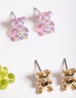 Mixed Lilac & Lime Green Bear Huggie Earrings Pack