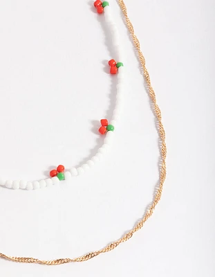 Gold Cherry White Bead 2-Row Necklace