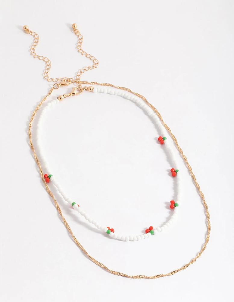 Gold Cherry White Bead 2-Row Necklace