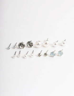 Silver Pearl & Diamante Stud Earrings 8-Pack