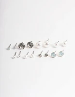 Silver Pearl & Diamante Stud Earrings 8-Pack