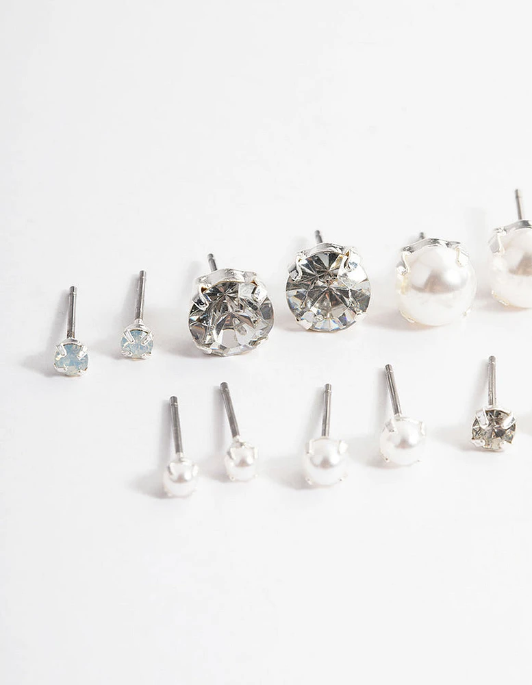 Silver Pearl & Diamante Stud Earrings 8-Pack