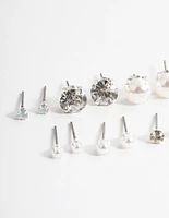 Silver Pearl & Diamante Stud Earrings 8-Pack