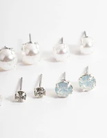 Silver Pearl & Diamante Stud Earrings 8-Pack