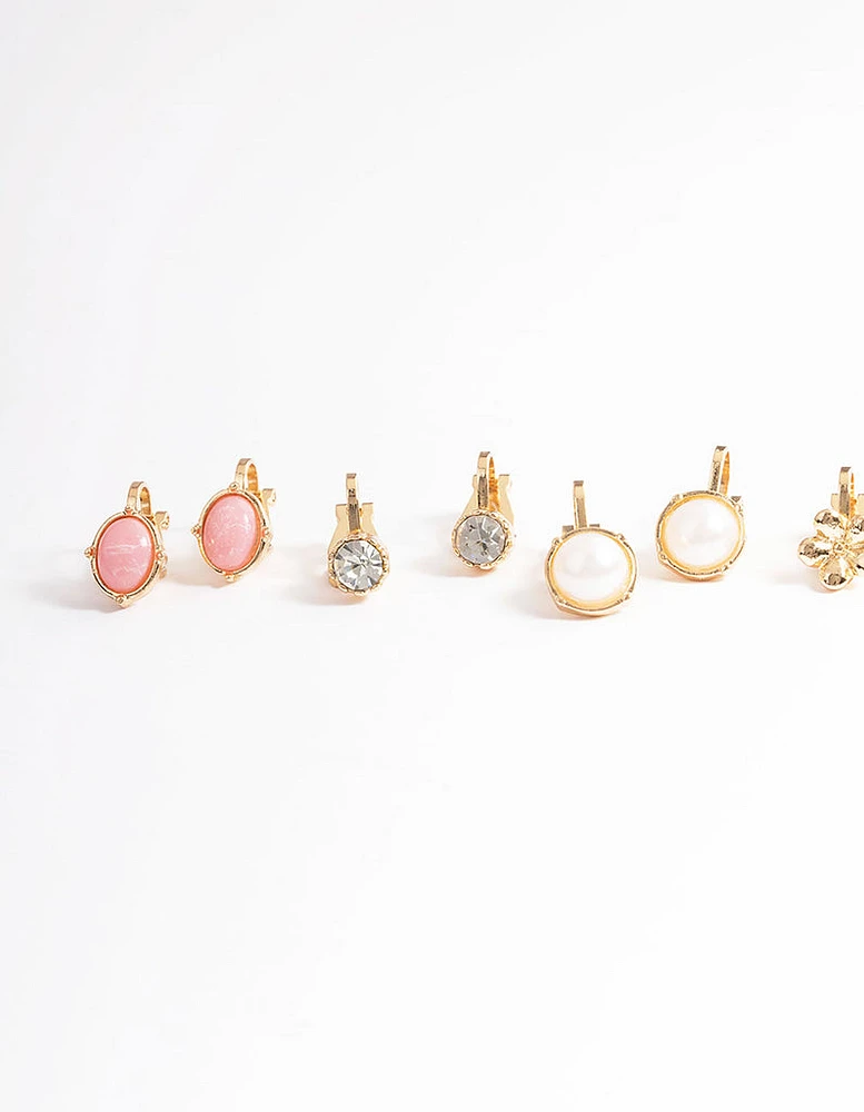 Gold Pearl & Resin Stone Clip On Earrings 5-Pack