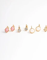 Gold Pearl & Resin Stone Clip On Earrings 5-Pack