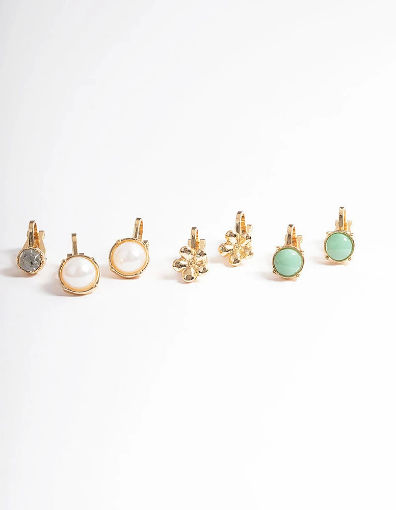 Gold Pearl & Resin Stone Clip On Earrings 5-Pack