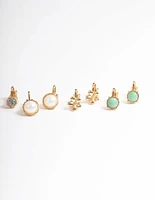 Gold Pearl & Resin Stone Clip On Earrings 5-Pack