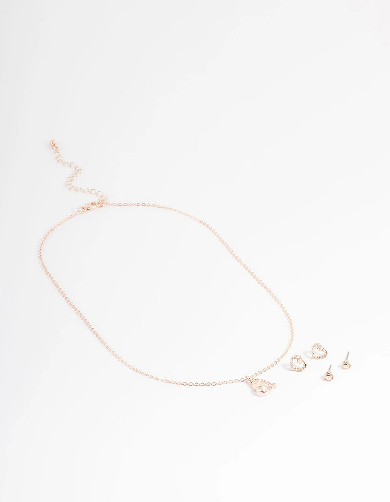 Rose Gold Diamante Heart Jewellery Set