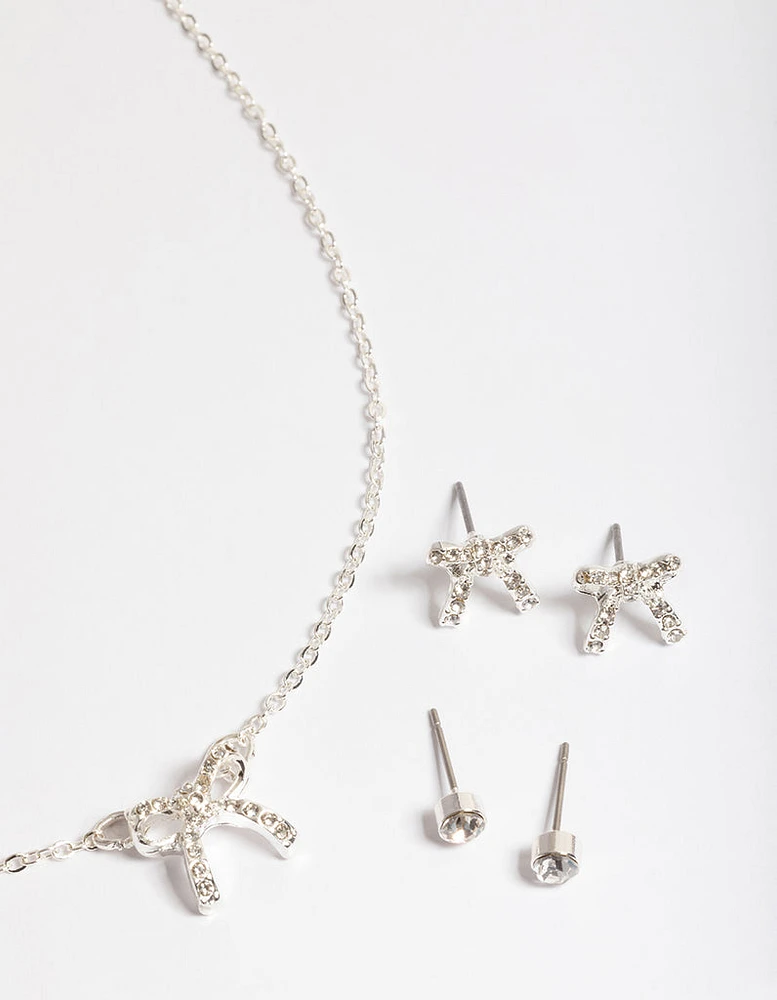 Silver Diamante Bow Jewellery Set