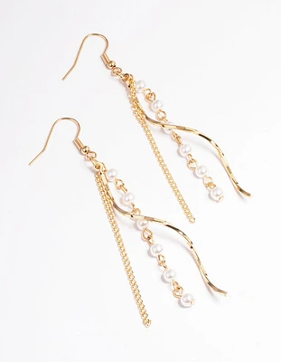 Gold Pearl Chain Spiral Drop Earrings