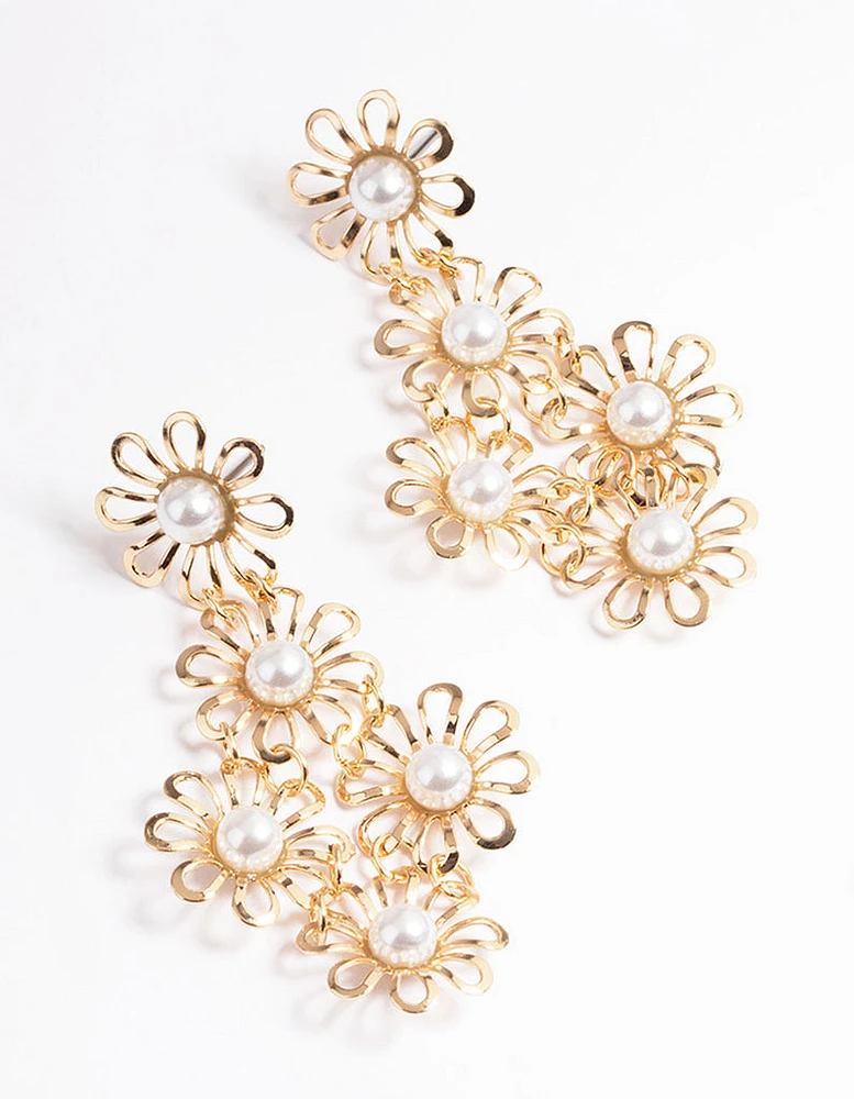 Gold Multi Pearl Flower Drop Earrings