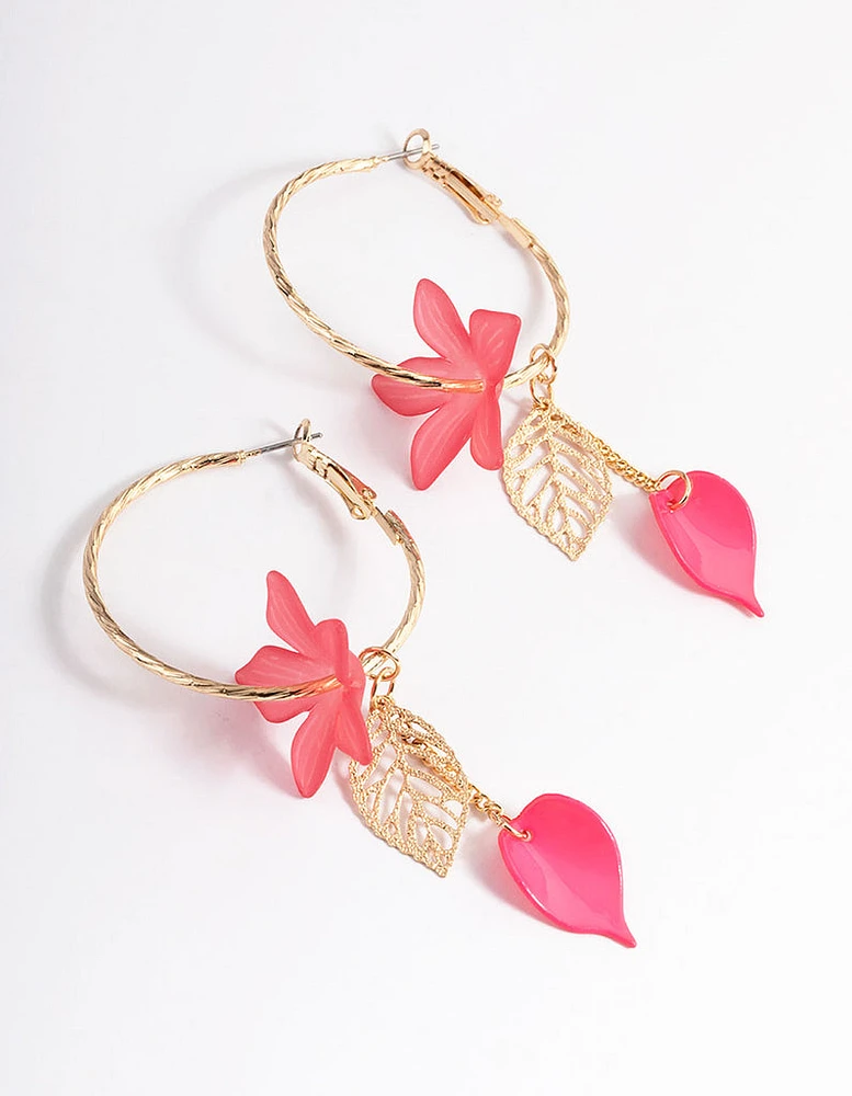 Gold Plastic Flower & Leaf Textured Hoop Earrings