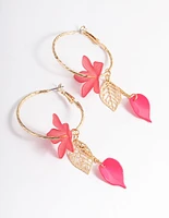 Gold Plastic Flower & Leaf Textured Hoop Earrings