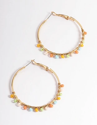 Gold Boho Bead Droplet Hoop Earrings