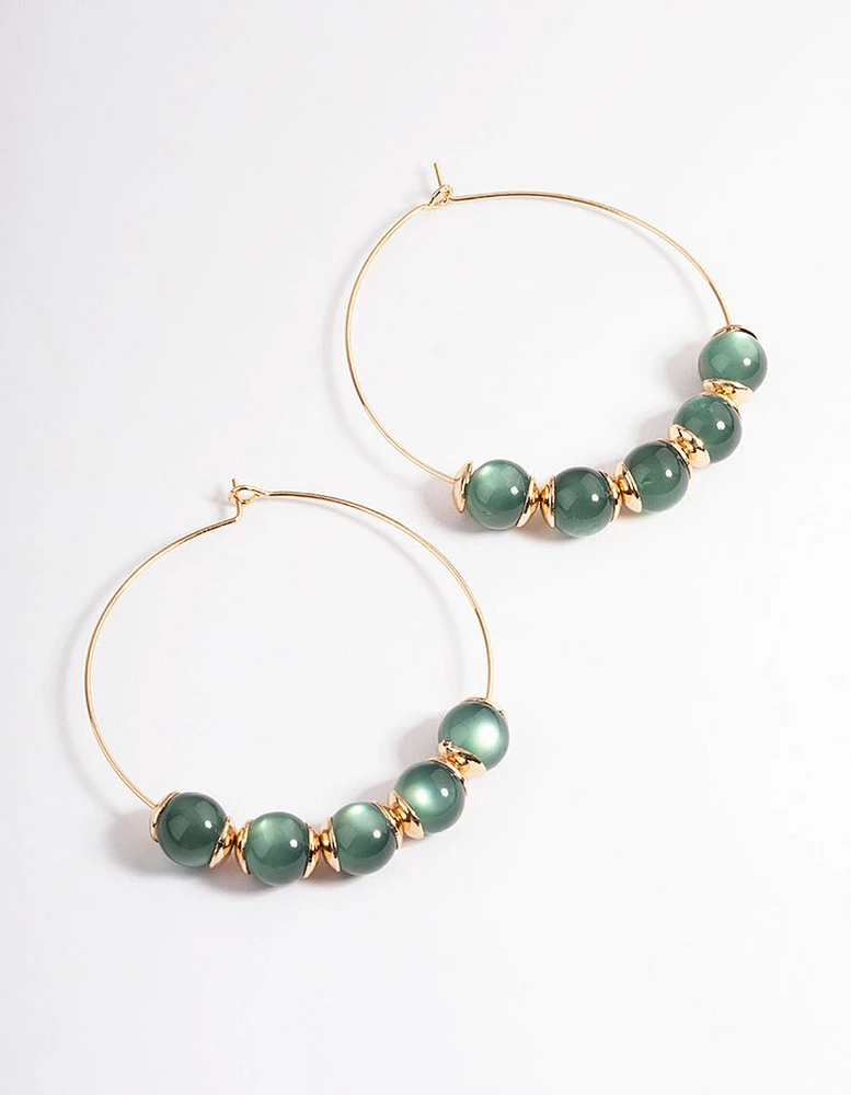 Green Round Bead Medium Hoop Earrings