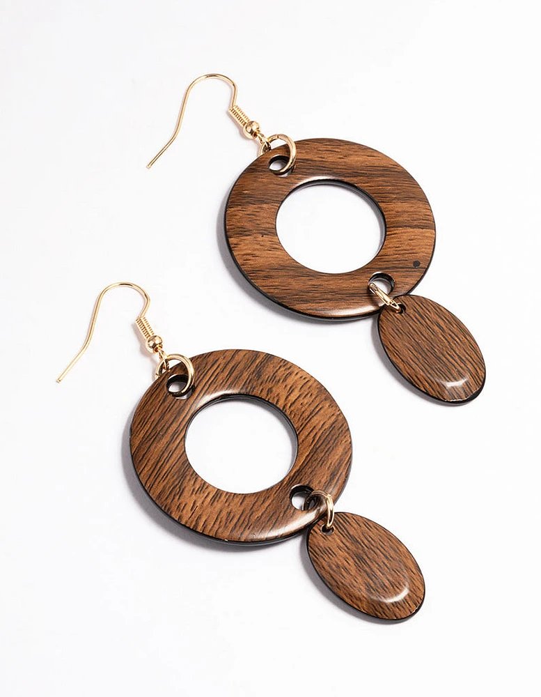 Natural Wood Mixed Circle Drop Earrings