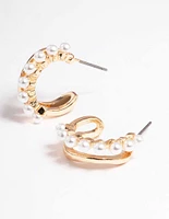 Gold Pearl Illusion Huggie Earrings