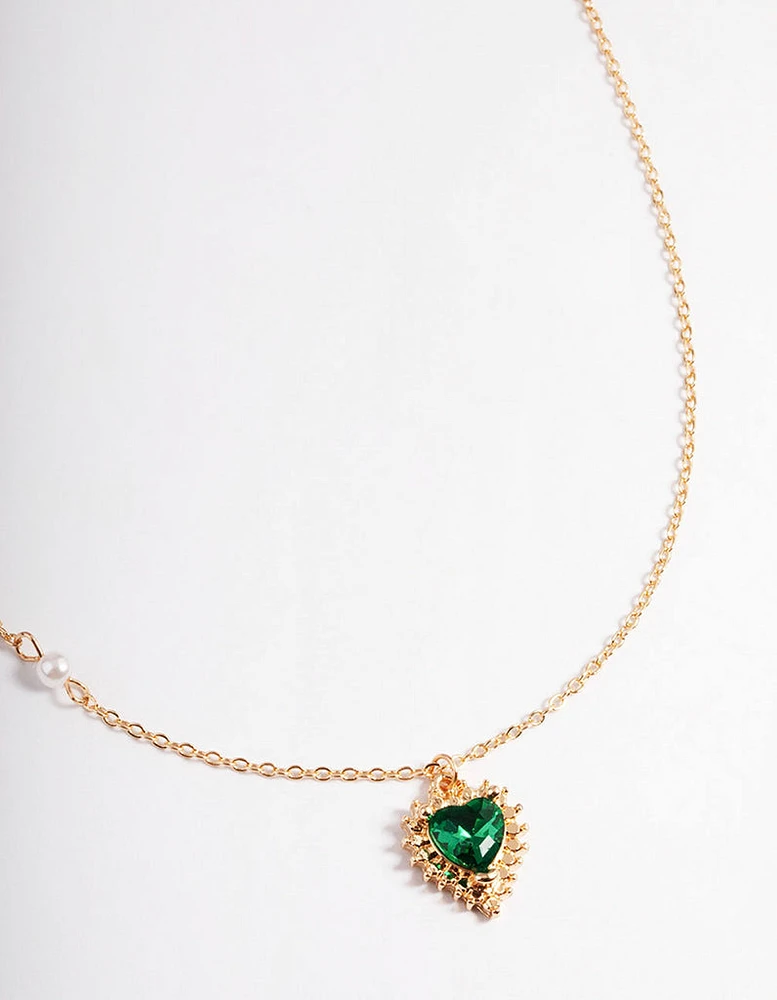 Gold Green & Diamante Heart Pendant Necklace