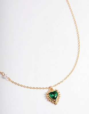 Gold Green & Diamante Heart Pendant Necklace