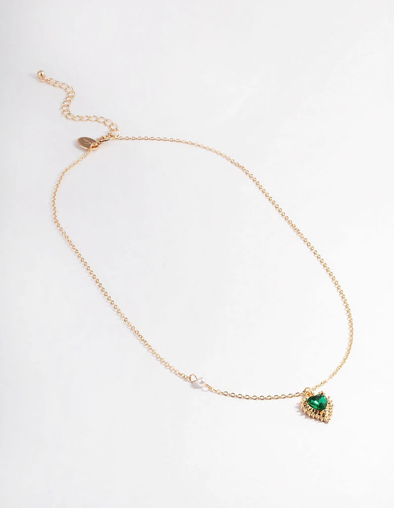 Gold Green & Diamante Heart Pendant Necklace