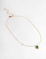 Gold Green & Diamante Heart Pendant Necklace