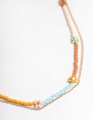 Gold Multicoloured Flower Bead & Chain 2-Row Necklace