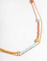 Gold Multicoloured Flower Bead & Chain 2-Row Necklace