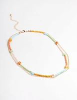 Gold Multicoloured Flower Bead & Chain 2-Row Necklace