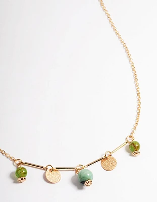 Gold Green Bead & Disc Necklace