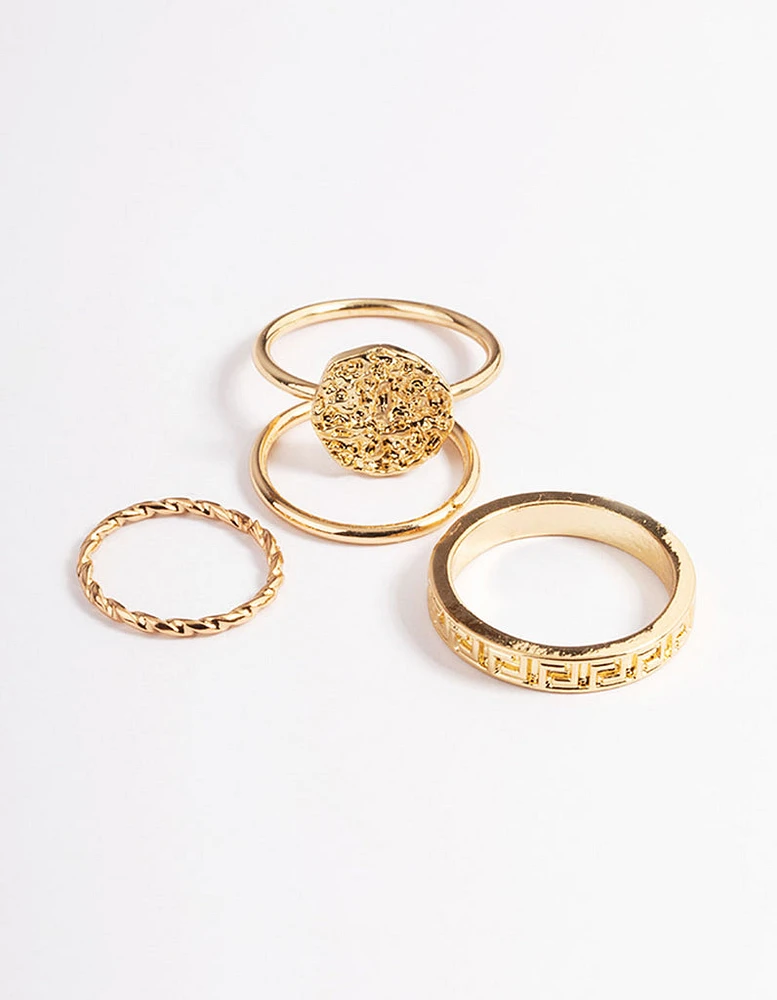 Gold Beaten Disc Ring 4-Pack